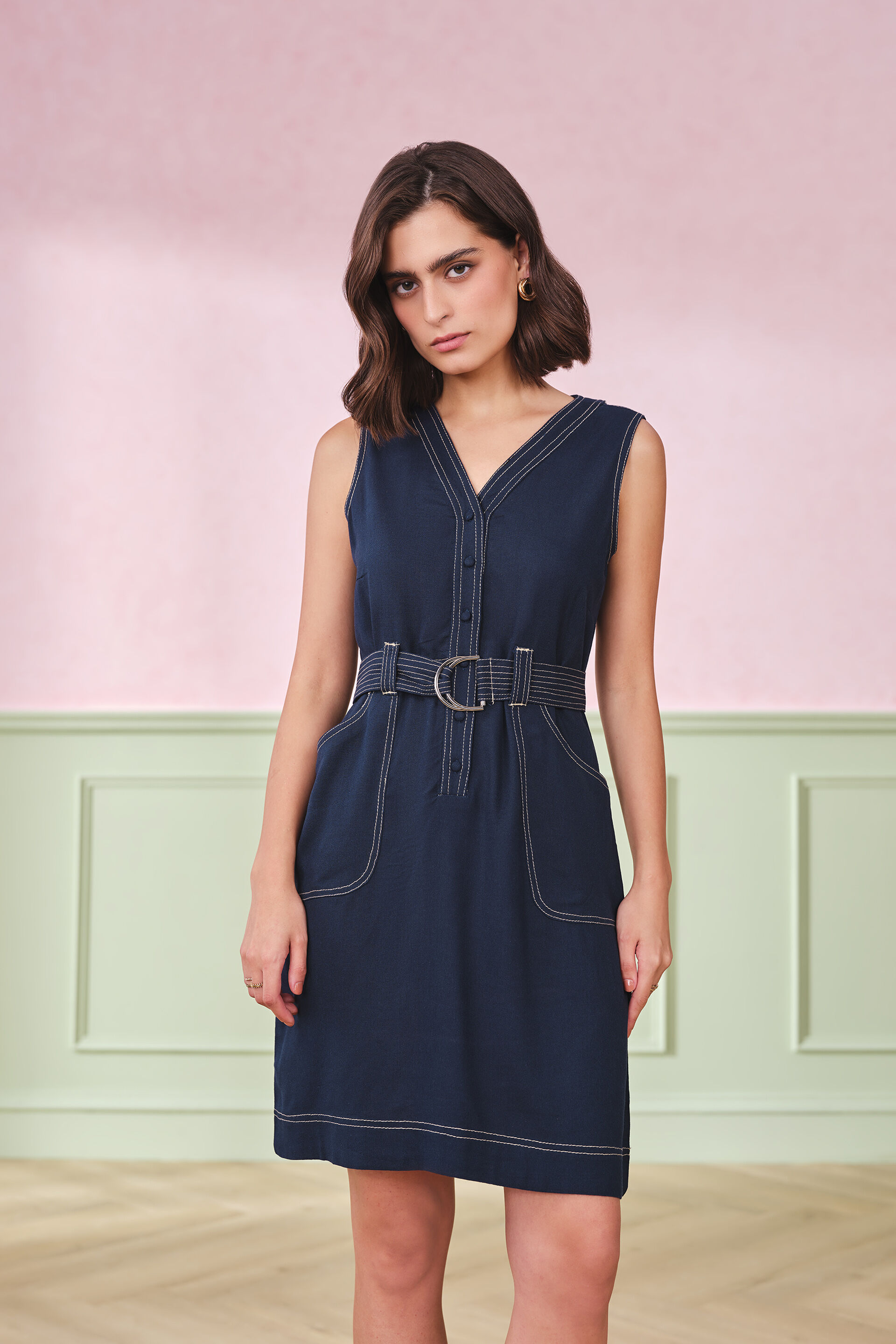 Cobalt Belted Viscose Blend Dress, Navy, image 3